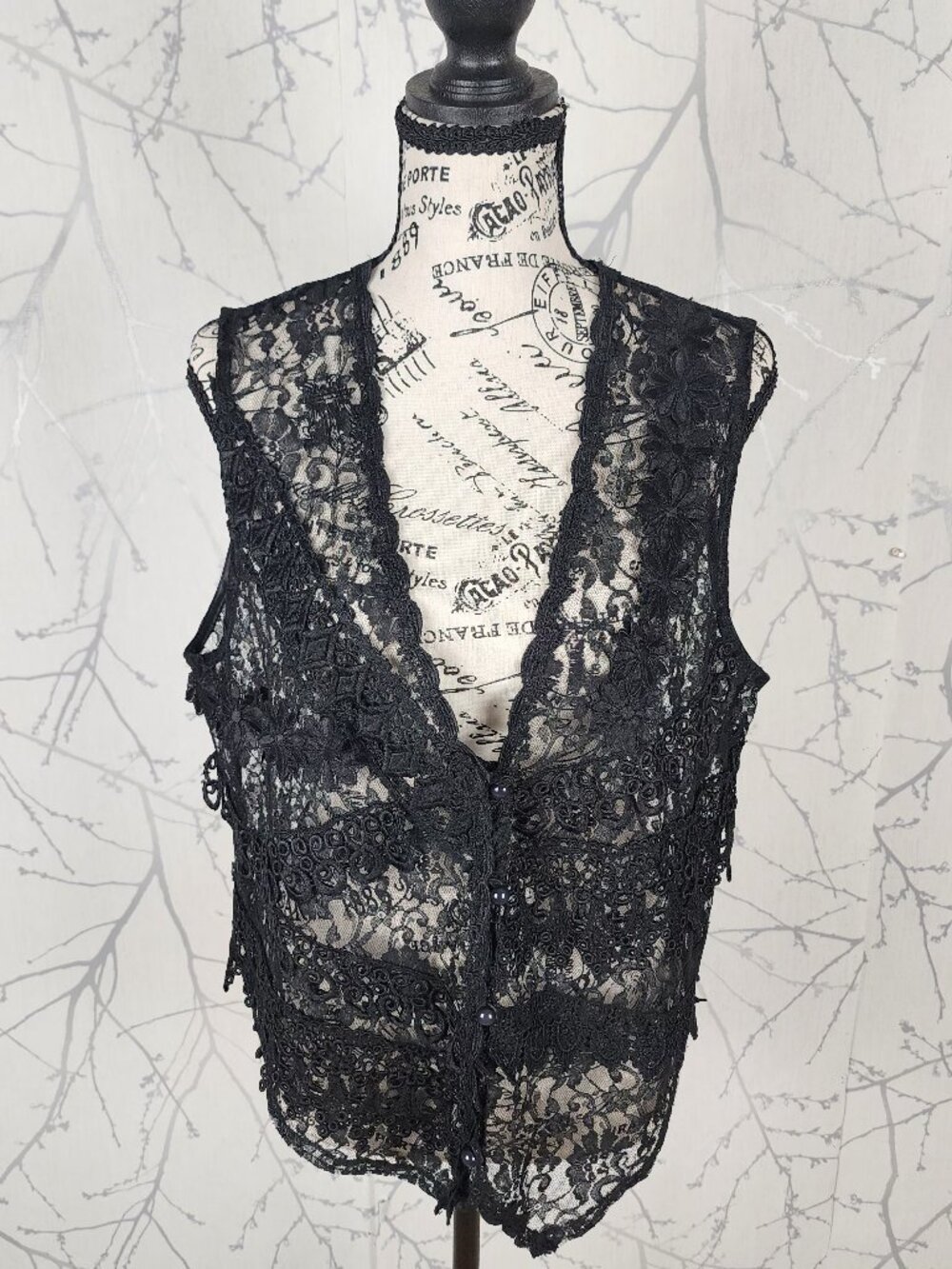 Black Floral Lace Crochet Overlay Sheer Button Front Vest